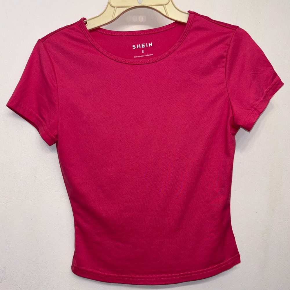 SHEIN Hot Pink Form Fitted Slightly Cropped Crewneck Tee Womans Size Small NWOT